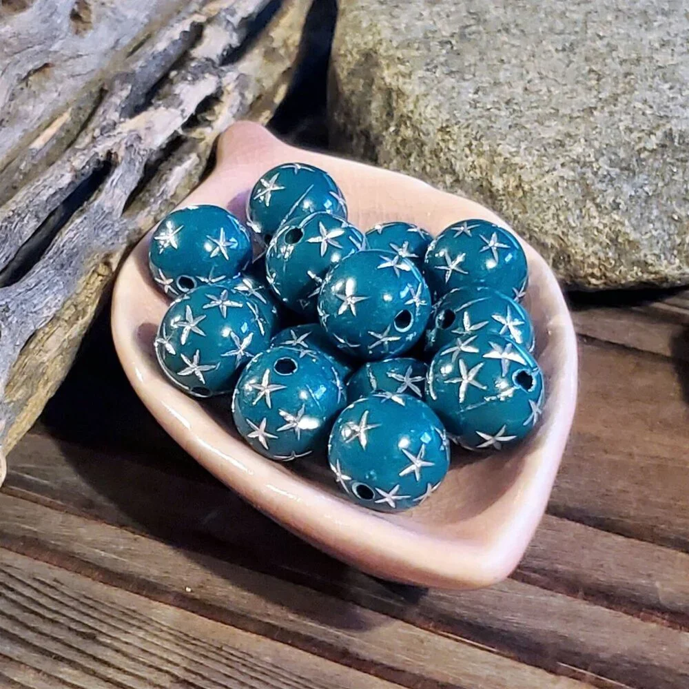 Vintage Retro Teal Green Silver Stars 12mm Round Acrylic Shabby Beads 10 pcs